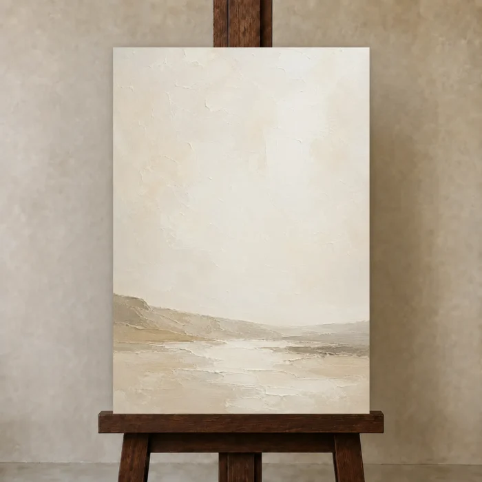 Warm Beige Horizon Minimalist Wall Art Canvas Print displayed on a studio easel