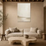 Warm Beige Horizon Minimalist Wall Art Canvas Print presented in a sophisticated home setting