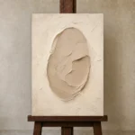 Sculptural Clay Oval Minimalist Wall Art Canvas Print displayed on a studio easel