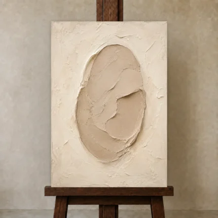 Sculptural Clay Oval Minimalist Wall Art Canvas Print shown in Studio Easel