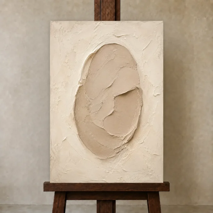 Sculptural Clay Oval Minimalist Wall Art Canvas Print displayed on a studio easel
