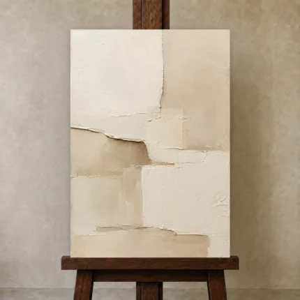 Asymmetrical Cream Blocks Minimalist Wall Art Canvas Print shown in Studio Easel
