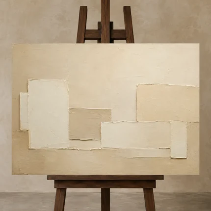 Warm Neutral Rectangles Minimalist Wall Art Canvas Print displayed on a studio easel