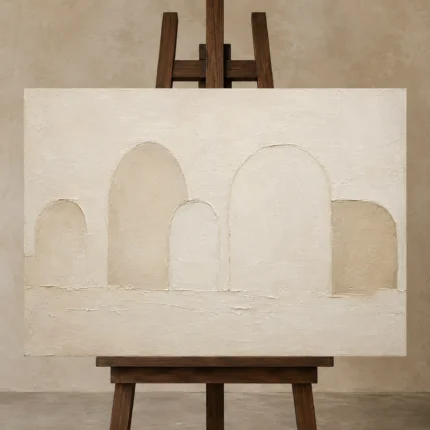 Soft Ivory Arches Minimalist Wall Art Canvas Print displayed on a studio easel
