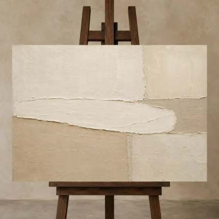 Elongated Ivory Balance Minimalist Wall Art Canvas Print shown in Studio Easel