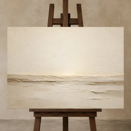Luminous Plaster Horizon Minimalist Wall Art Canvas Print displayed on a studio easel