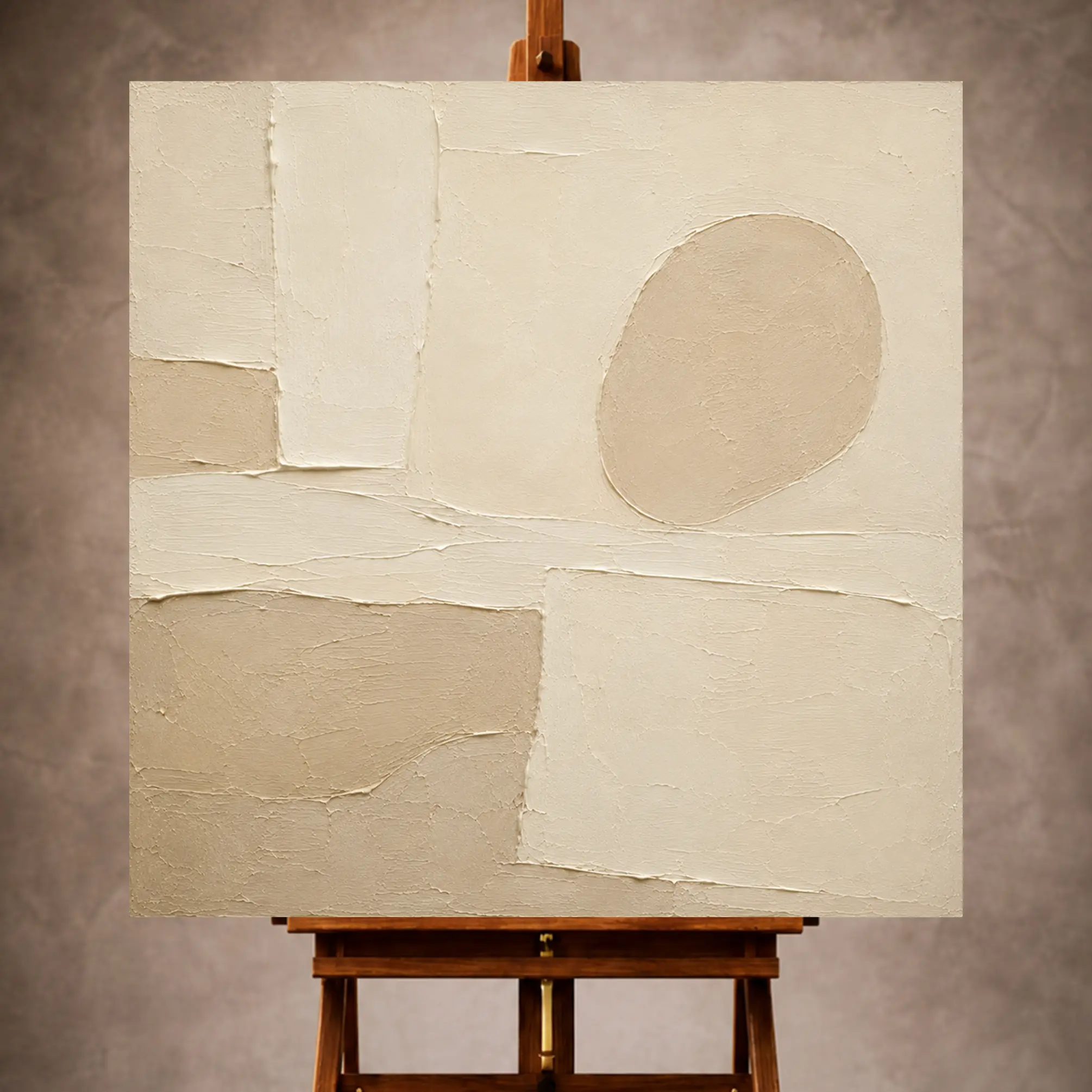 Premium Wall Art Kare Html Edition – MINIMALIST016 Image 1 Ivory and beige Minimalist Wall Art print featuring layered plaster planes and a rounded form for elegant interiors