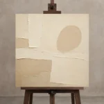 Rounded Beige Form Minimalist Wall Art Canvas Print displayed on a studio easel