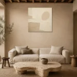 Rounded Beige Form Minimalist Wall Art Canvas Print presented in a sophisticated home setting
