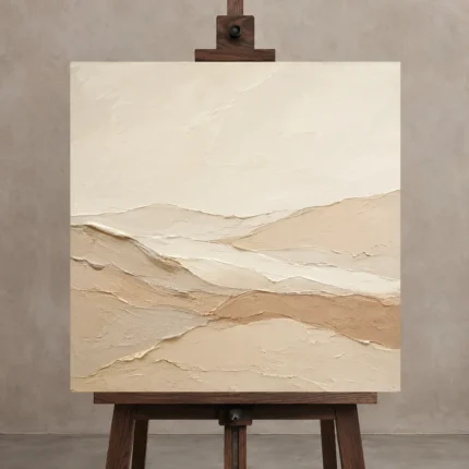 Warm Linen Dunes Minimalist Wall Art Canvas Print displayed on a studio easel