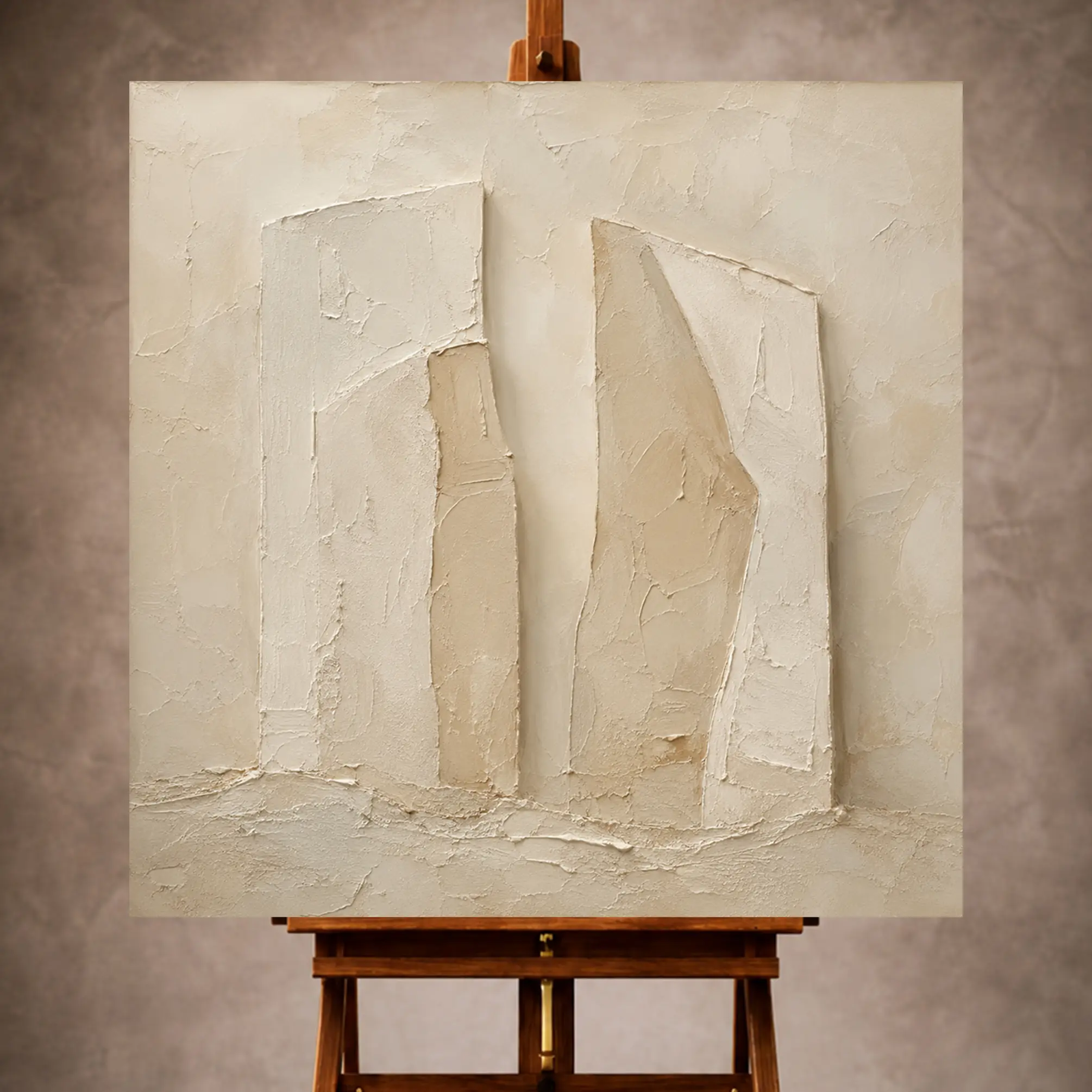 Premium Wall Art Kare Html Edition – MINIMALIST019 Image 1 Beige and ivory Minimalist Wall Art print featuring two monolithic abstract forms for refined interiors