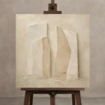 Monolithic Beige Forms Minimalist Wall Art Canvas Print displayed on a studio easel