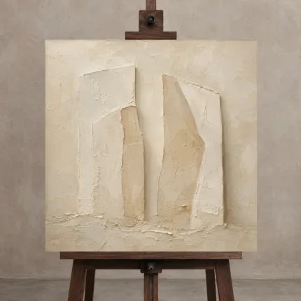 Monolithic Beige Forms Minimalist Wall Art Canvas Print displayed on a studio easel