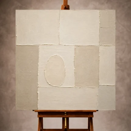 Ivory and cream Minimalist Wall Art print featuring a raised panel grid and off-center oval for elegant interiors