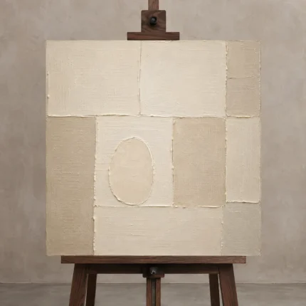 Cream Oval Grid Minimalist Wall Art Canvas Print shown in Studio Easel