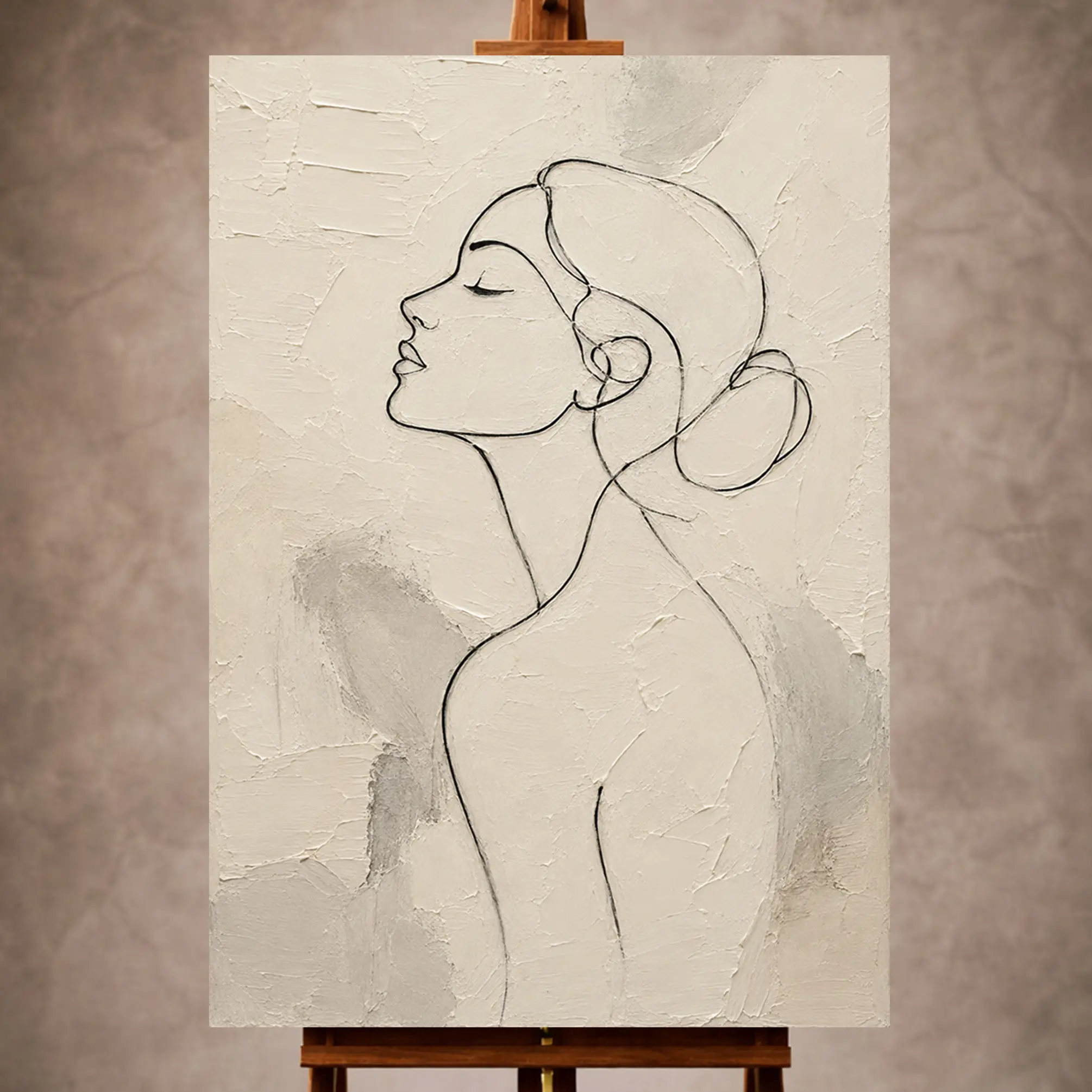 Premium Wall Art Dikey Html Edition – MINIMALIST021 Image 1 Black and ivory Minimalist Wall Art print featuring a single-line female profile for elegant interiors