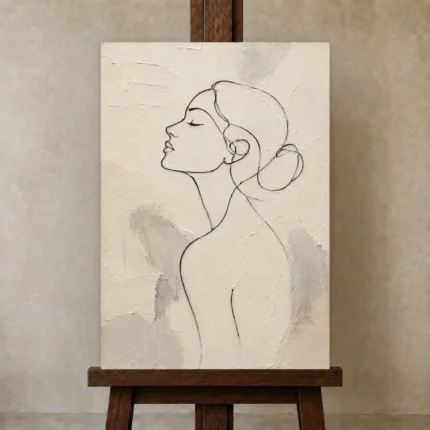 Ivory Female Profile Minimalist Wall Art Canvas Print shown in Studio Easel