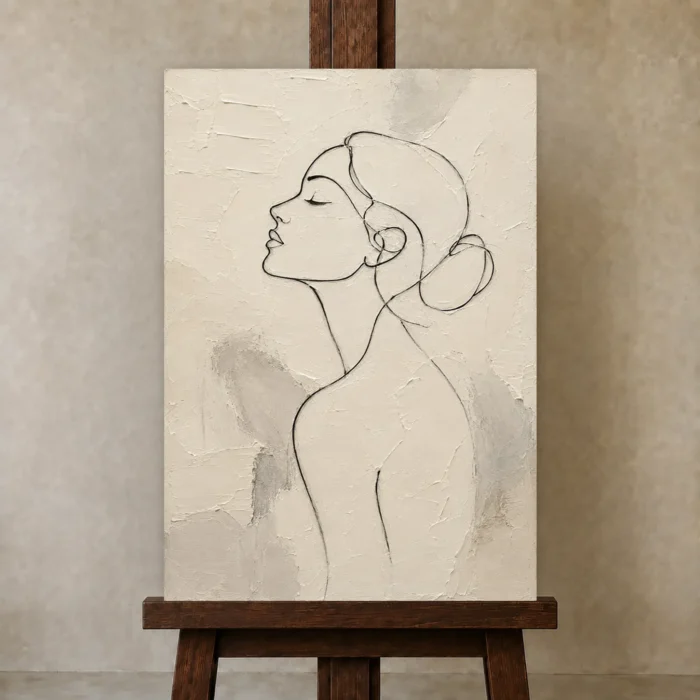 Ivory Female Profile Minimalist Wall Art Canvas Print displayed on a studio easel