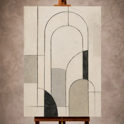 Ivory Minimalist Wall Art print featuring black line arches and geometric contours for elegant interiors
