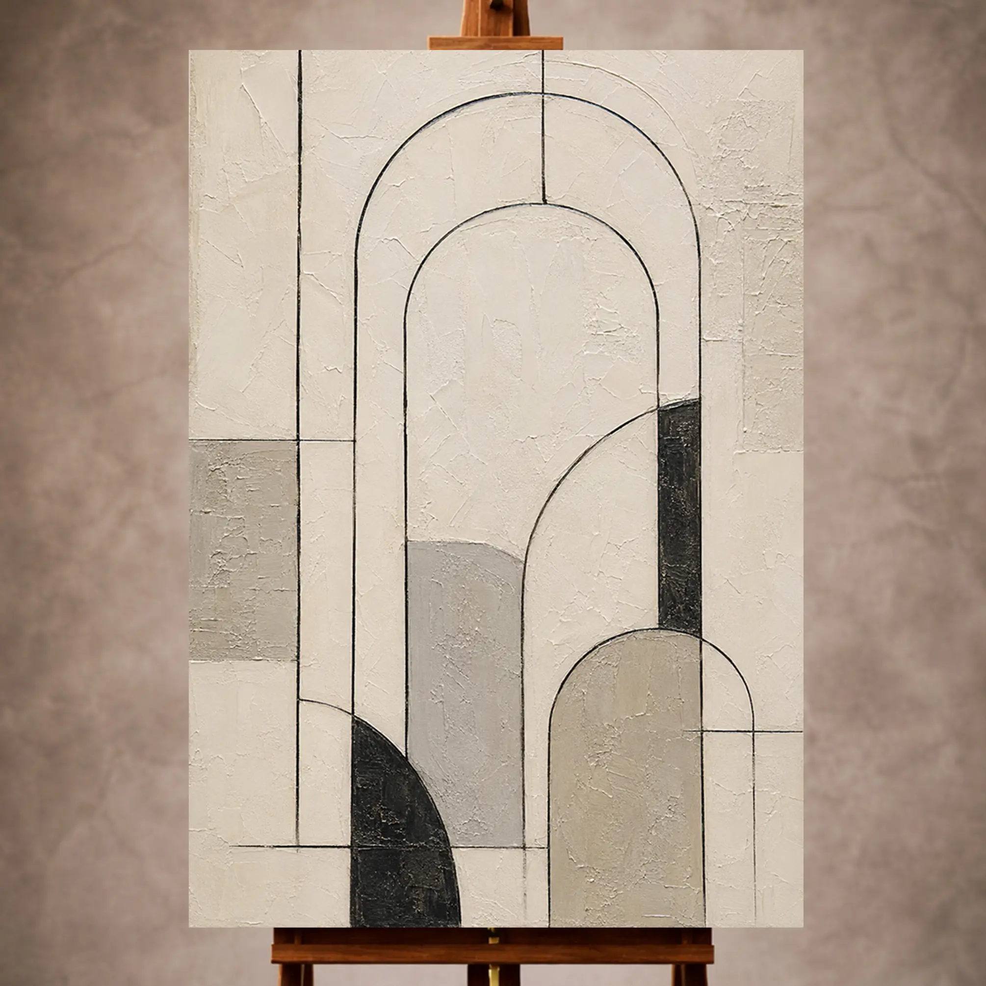Premium Wall Art Dikey Html Edition – MINIMALIST022 Image 1 Ivory Minimalist Wall Art print featuring black line arches and geometric contours for elegant interiors