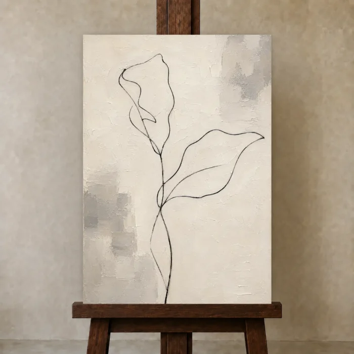 Ivory Botanical Minimalist Wall Art Canvas Print displayed on a studio easel