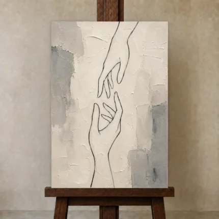 Ivory Hand Line Minimalist Wall Art Canvas Print shown in Studio Easel