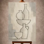 Ivory Minimalist Wall Art print featuring stacked ceramic vessel silhouettes in elegant black lines for refined interiors