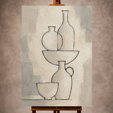 Ivory Minimalist Wall Art print featuring stacked ceramic vessel silhouettes in elegant black lines for refined interiors