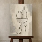 Ivory Ceramic Vessel Minimalist Wall Art Canvas Print displayed on a studio easel