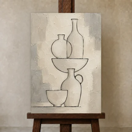 Ivory Ceramic Vessel Minimalist Wall Art Canvas Print shown in Studio Easel