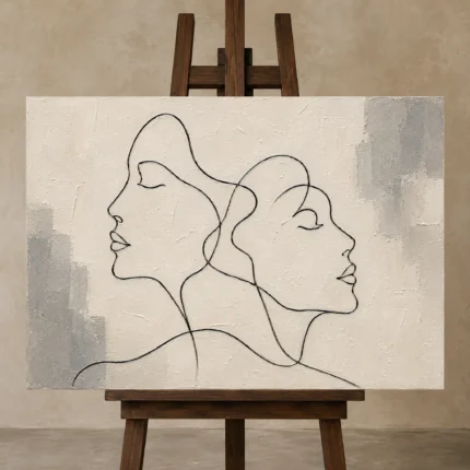 Ivory Abstract Faces Minimalist Wall Art Canvas Print displayed on a studio easel