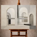 Mist-gray Minimalist Wall Art print featuring layered architectural arches and delicate black linework for elegant interiors