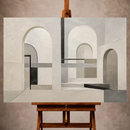 Mist-gray Minimalist Wall Art print featuring layered architectural arches and delicate black linework for elegant interiors