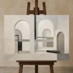 Mist Gray Architectural Minimalist Wall Art Canvas Print displayed on a studio easel