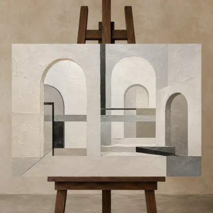 Mist Gray Architectural Minimalist Wall Art Canvas Print displayed on a studio easel