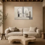 Mist Gray Architectural Minimalist Wall Art Canvas Print presented in a sophisticated home setting
