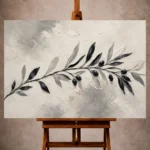 Ivory Minimalist Wall Art print featuring a flowing black olive branch for elegant interiors
