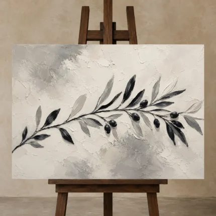 Ivory Olive Branch Minimalist Wall Art Canvas Print displayed on a studio easel