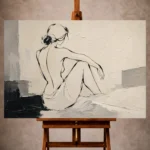 Ivory Minimalist Wall Art print featuring a seated abstract figure in expressive black linework for elegant interiors