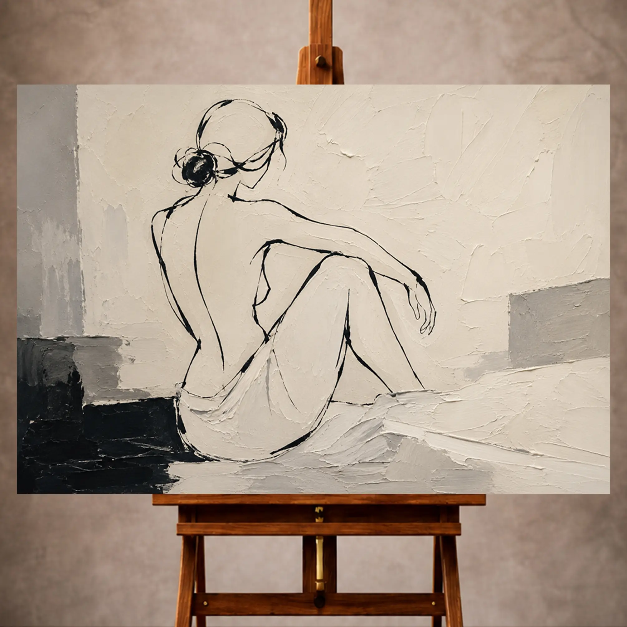 Premium Wall Art Yatay Html Edition – MINIMALIST029 Image 1 Ivory Minimalist Wall Art print featuring a seated abstract figure in expressive black linework for elegant interiors