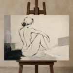 Ivory Seated Figure Minimalist Wall Art Canvas Print displayed on a studio easel
