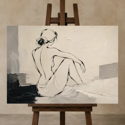 Ivory Seated Figure Minimalist Wall Art Canvas Print displayed on a studio easel