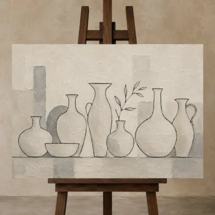 Ivory Ceramic Vessels Minimalist Wall Art Canvas Print displayed on a studio easel