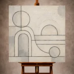 Ivory Minimalist Wall Art print featuring black circles, a half sun, and an arch for elegant interiors