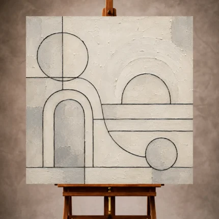 Ivory Minimalist Wall Art print featuring black circles, a half sun, and an arch for elegant interiors