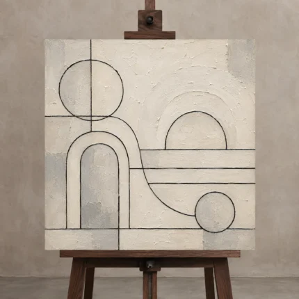 Ivory Geometric Forms Minimalist Wall Art Canvas Print displayed on a studio easel