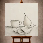 Ivory Minimalist Wall Art print featuring a ceramic cup, pear, and folded linen for elegant interiors