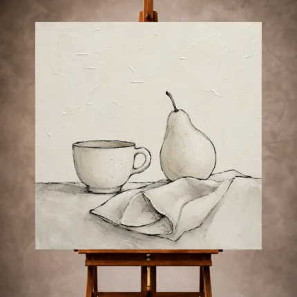 Ivory Minimalist Wall Art print featuring a ceramic cup, pear, and folded linen for elegant interiors