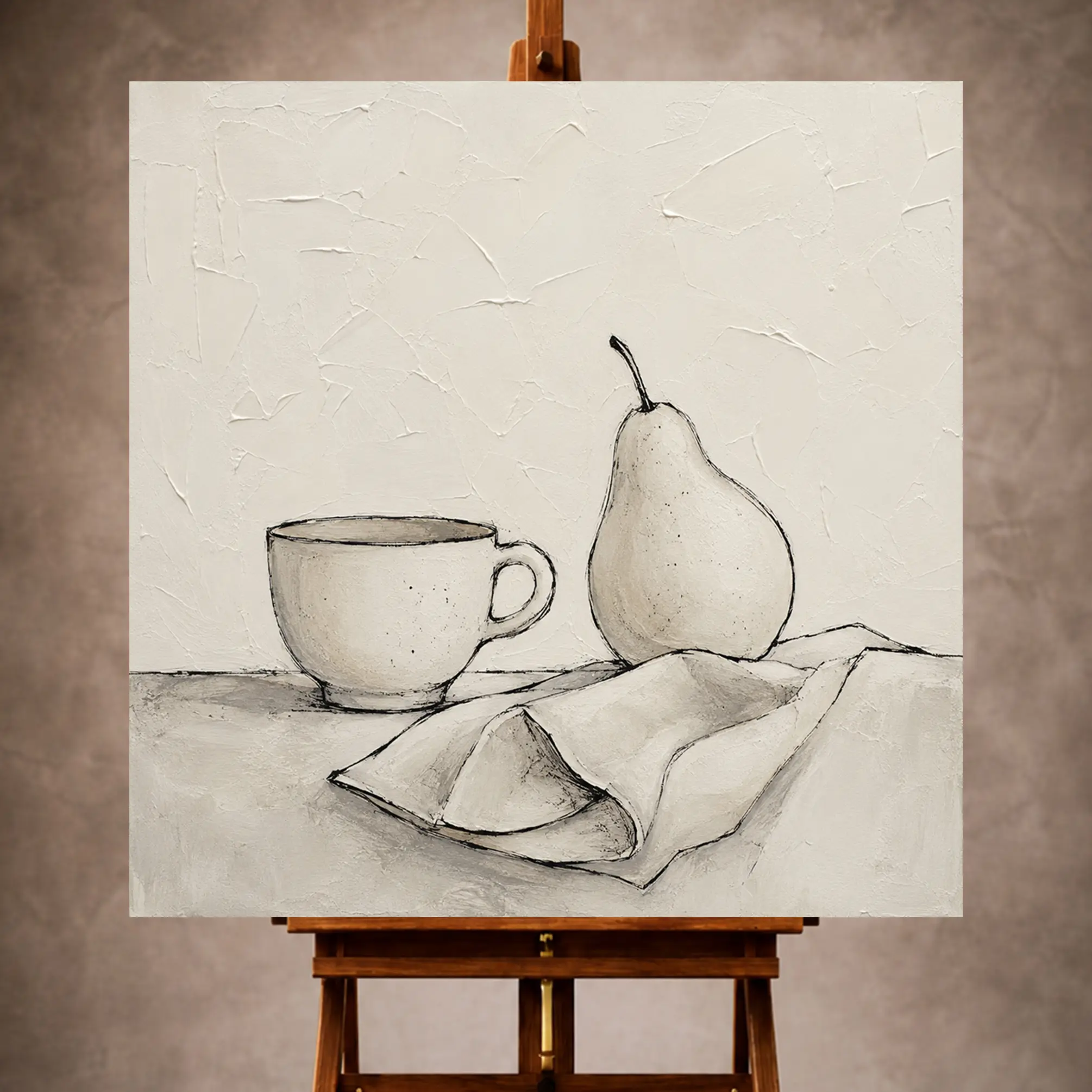 Premium Wall Art Kare Html Edition – MINIMALIST032 Image 1 Ivory Minimalist Wall Art print featuring a ceramic cup, pear, and folded linen for elegant interiors