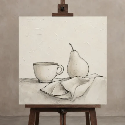 Ivory Still Life Minimalist Wall Art Canvas Print displayed on a studio easel
